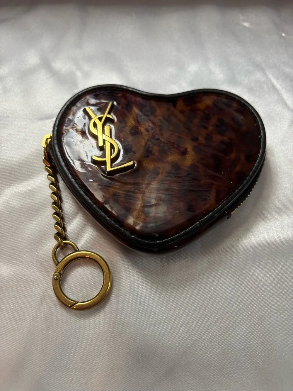 Authentic Rare Archival Saint Laurent Patent Leopard Monogram Heart Key Pouch